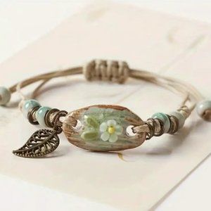 Delicate Ceramic Ornaments Clay Flower Bracelet With Adjustable Braided Leather